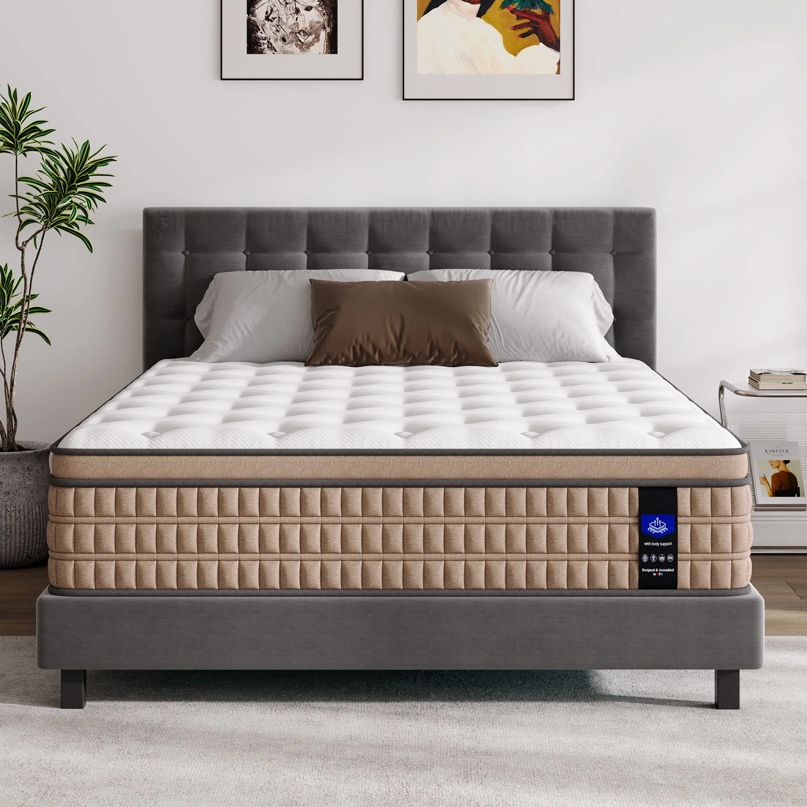 14" Mattress Hotel Collection Hybrid Mattress With Gel Memory Foam & Pocket Springs - Brown / White - King - Image 3