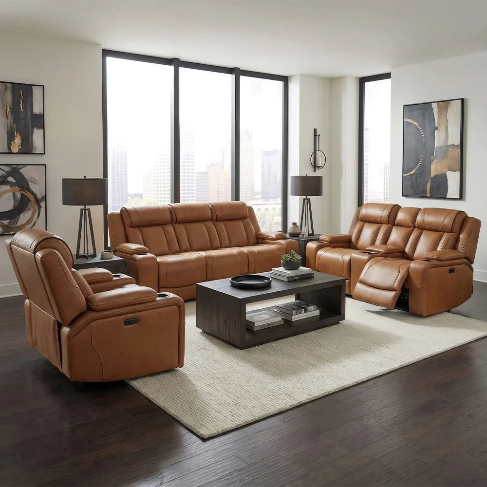 1st Class Brown Leather Dual Power Reclining Sofa & Loveseat with Console Storage, Dropdown Table and Built-In Fridge - Image 3