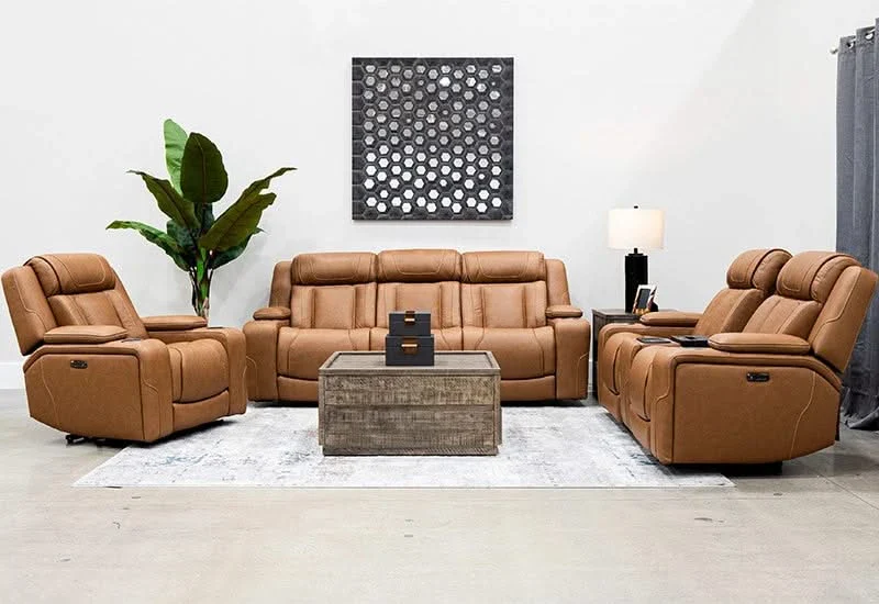 1st Class Brown Leather Dual Power Reclining Sofa & Loveseat with Console Storage, Dropdown Table and Built-In Fridge - Image 4