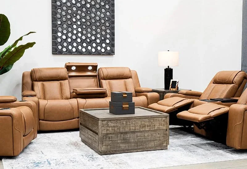 1st Class Brown Leather Dual Power Reclining Sofa & Loveseat with Console Storage, Dropdown Table and Built-In Fridge - Image 5