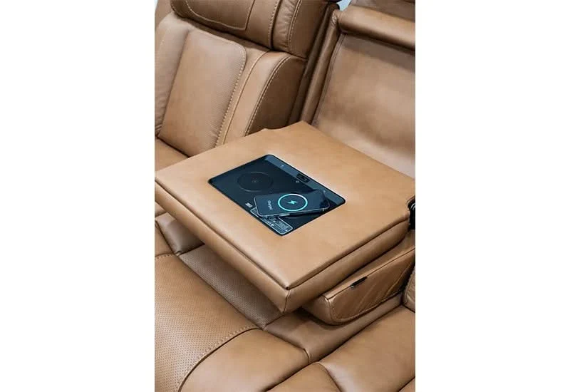 1st Class Brown Leather Dual Power Reclining Sofa & Loveseat with Console Storage, Dropdown Table and Built-In Fridge - Image 6