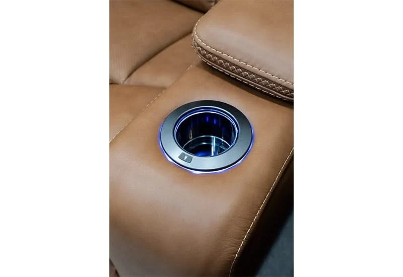 1st Class Brown Leather Dual Power Reclining Sofa & Loveseat with Console Storage, Dropdown Table and Built-In Fridge - Image 7