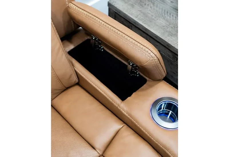 1st Class Brown Leather Dual Power Reclining Sofa & Loveseat with Console Storage, Dropdown Table and Built-In Fridge - Image 8