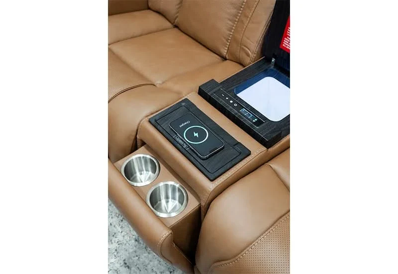 1st Class Brown Leather Dual Power Reclining Sofa & Loveseat with Console Storage, Dropdown Table and Built-In Fridge - Image 9