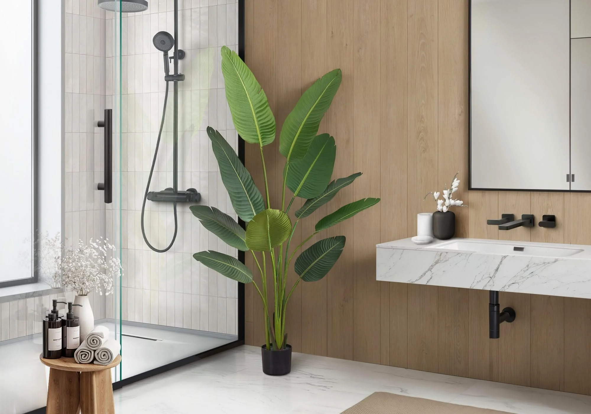 60" Tall, Artificial Plant, Bird Of Paradise Tree, Indoor, Faux, Fake, Floor, Greenery, Potted, Decorative - Green / Black