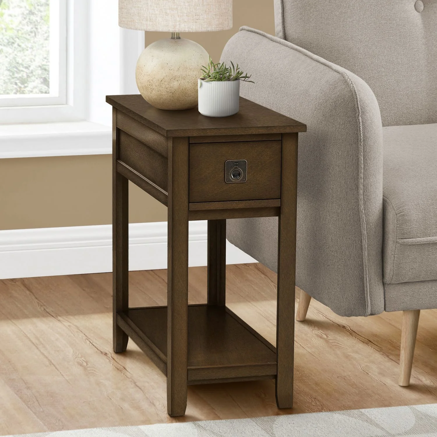 Accent End Table, 2 Tier, Narrow, Lamp, Storage Drawer, Charming Design - Image 9