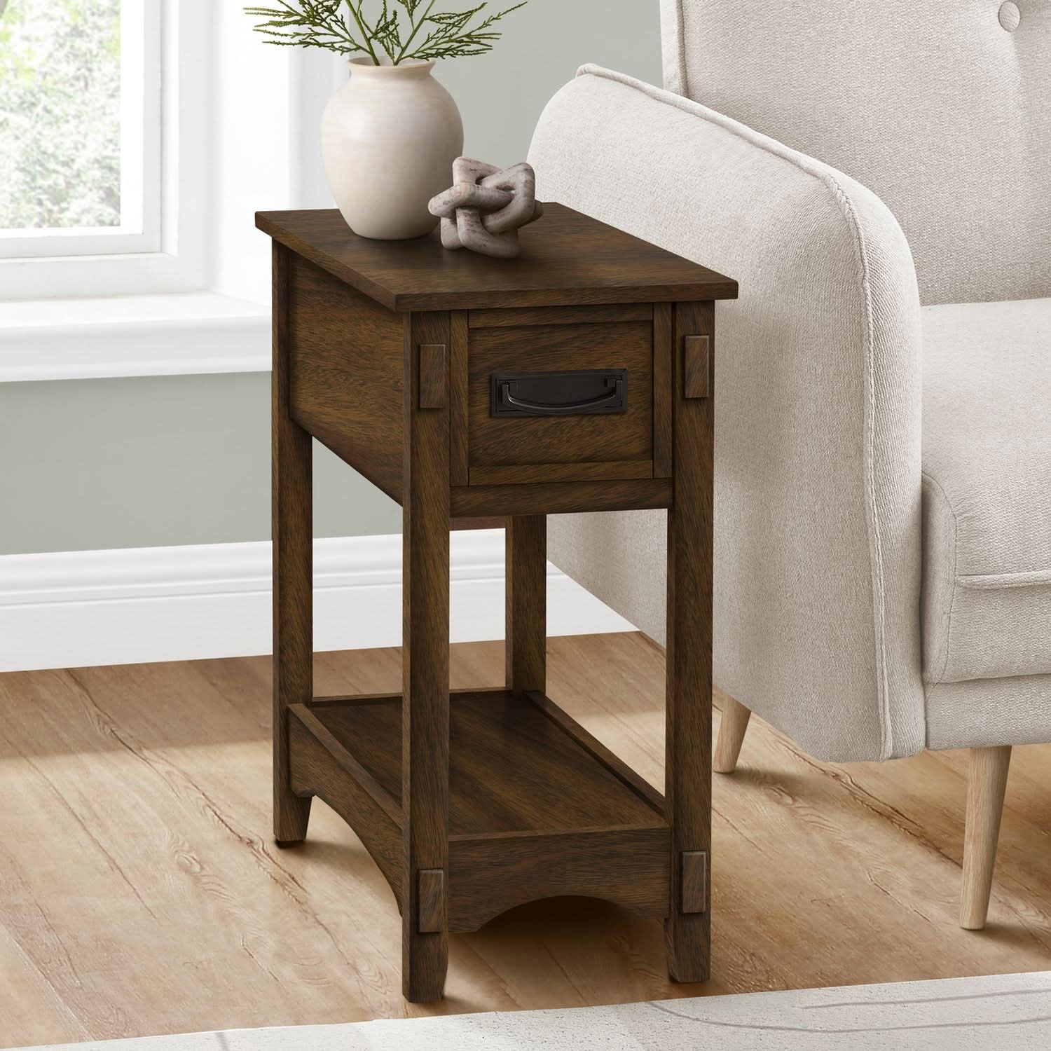 Accent End Table, 2 Tier, Narrow, Storage Drawer, Transitional - Walnut - Image 4