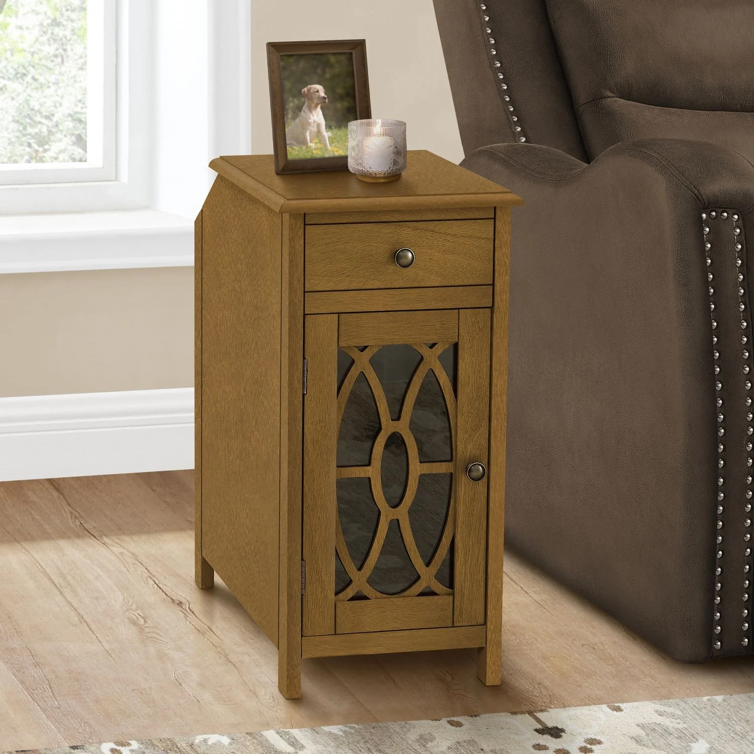 Accent Side Table, Storage Drawer, Traditional - Taupe - Image 2