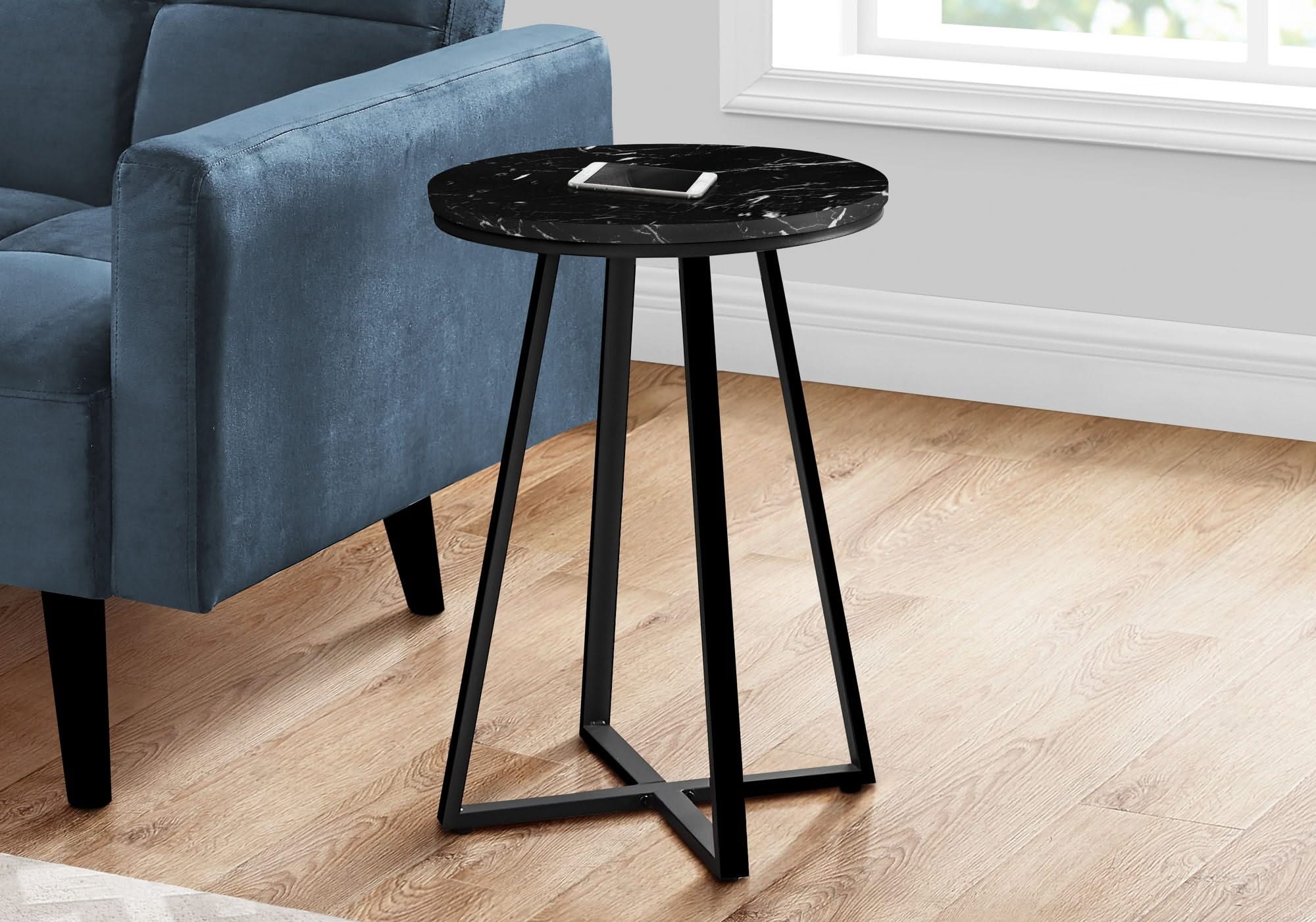Accent Table, Side, Round Marble Look Contemporary & Modern - Black - Image 4
