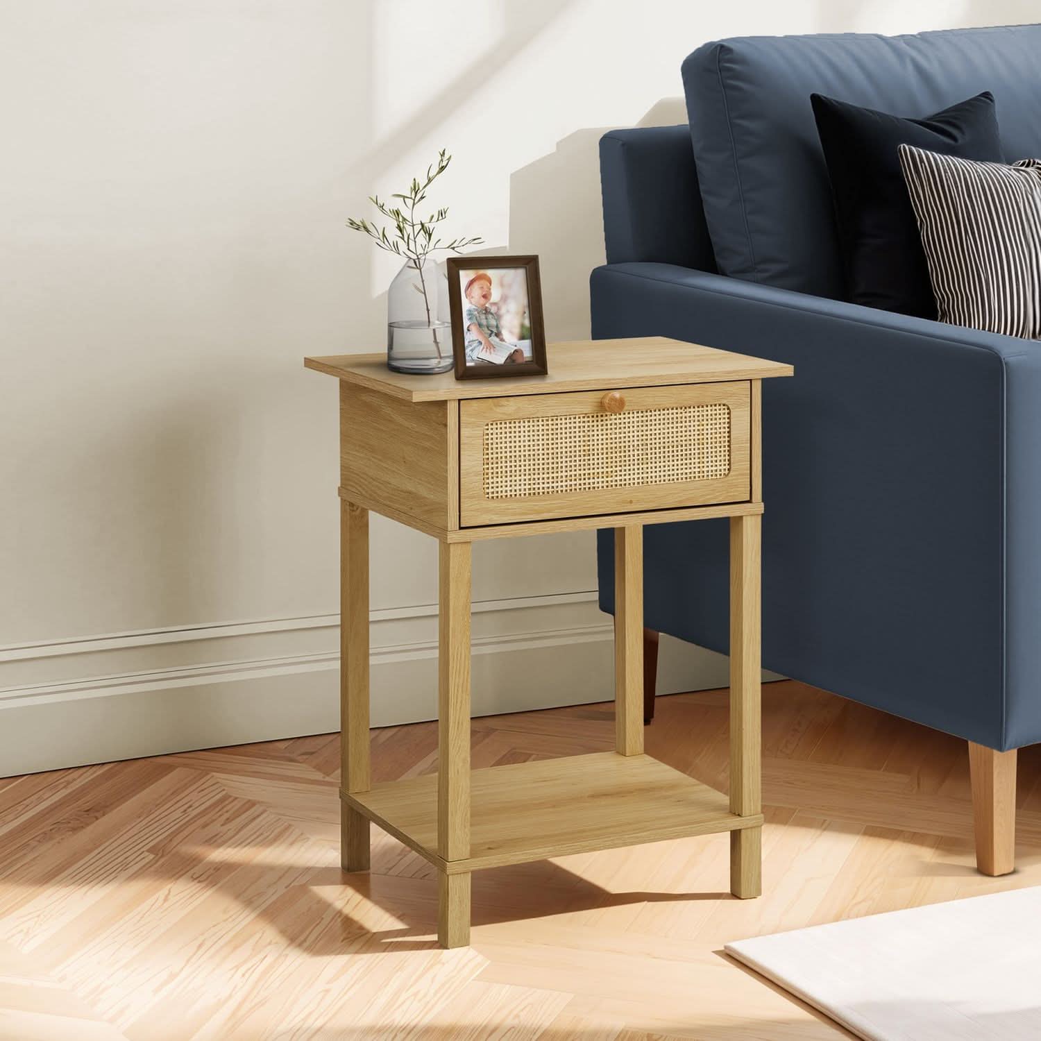 Accent Table With Storage Drawer, 2 Tier Nightstand For Living Room - Natural - Image 4