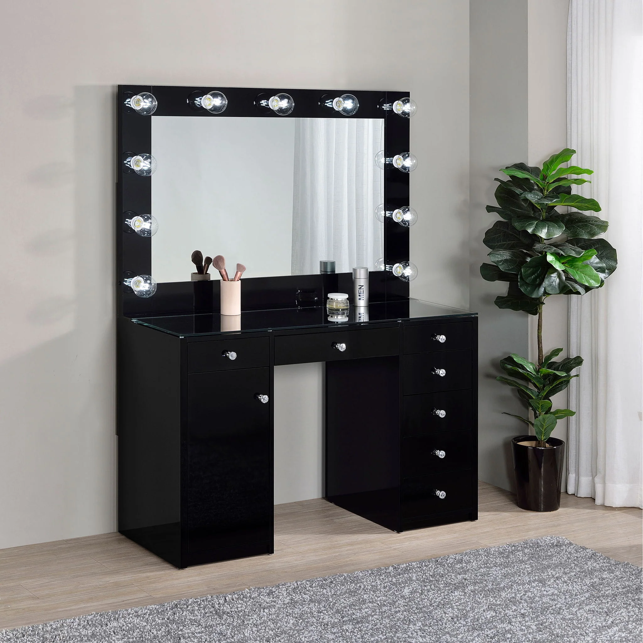 Acena 7-drawer Vanity Set with Lighting Black High Gloss - Image 3