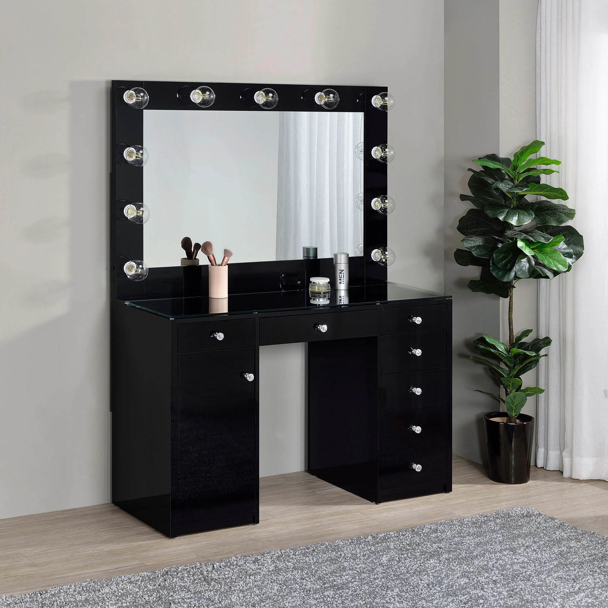 Acena 7-drawer Vanity Set with Lighting Black High Gloss - Image 4