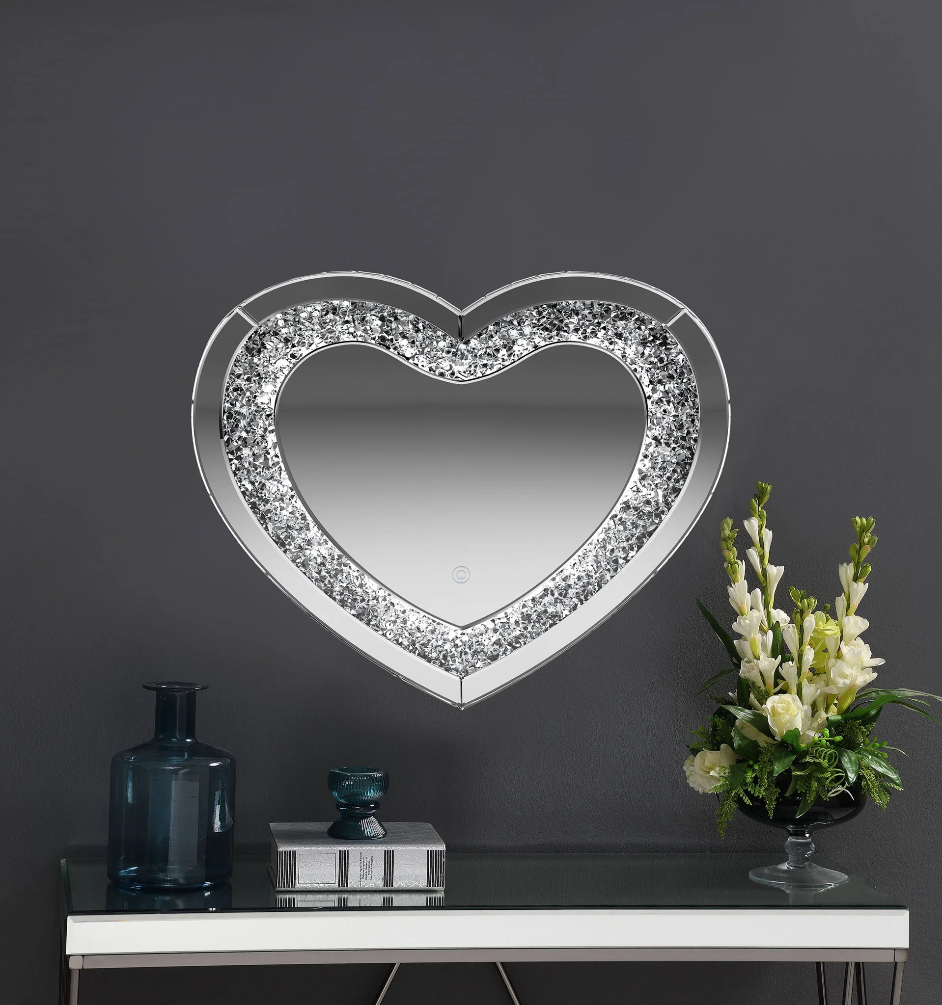 Aiko 36 x 30 Inch Heart Shaped LED Light Wall Mirror Silver - Image 4