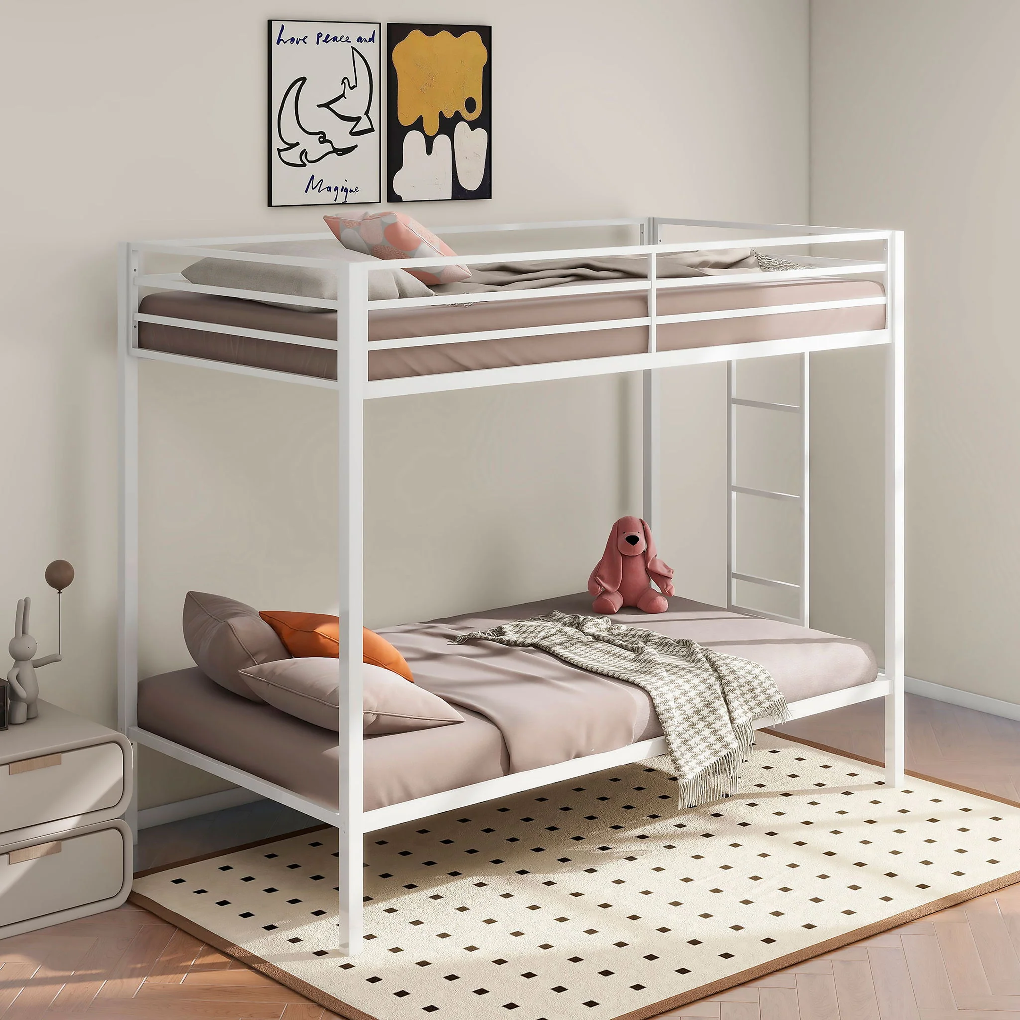 Alevera Metal Twin Over Twin Bunk Bed with Ladder White - Image 3