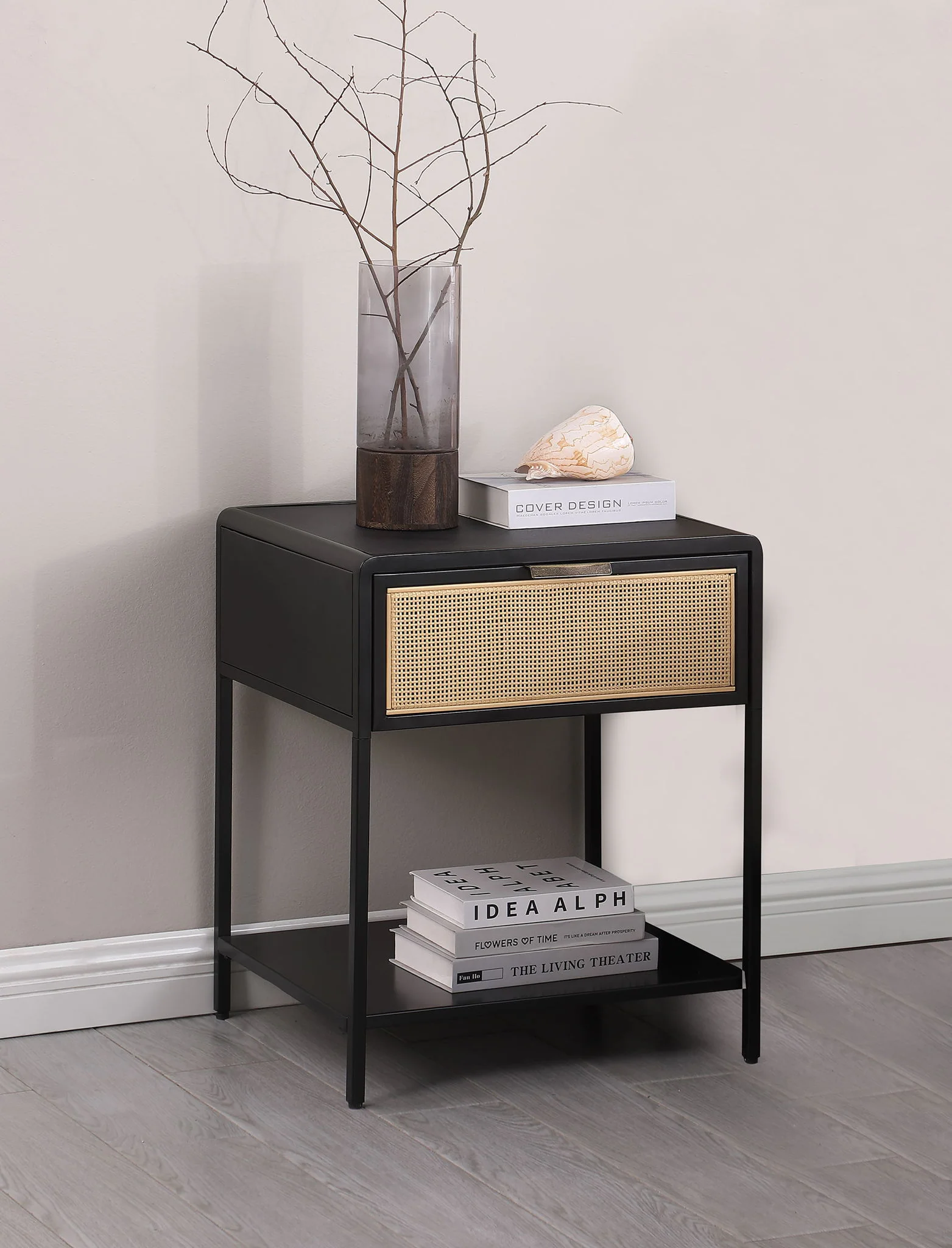 Amherst 1-drawer Radio Weave Cane Metal Bedside Table Black - Image 3
