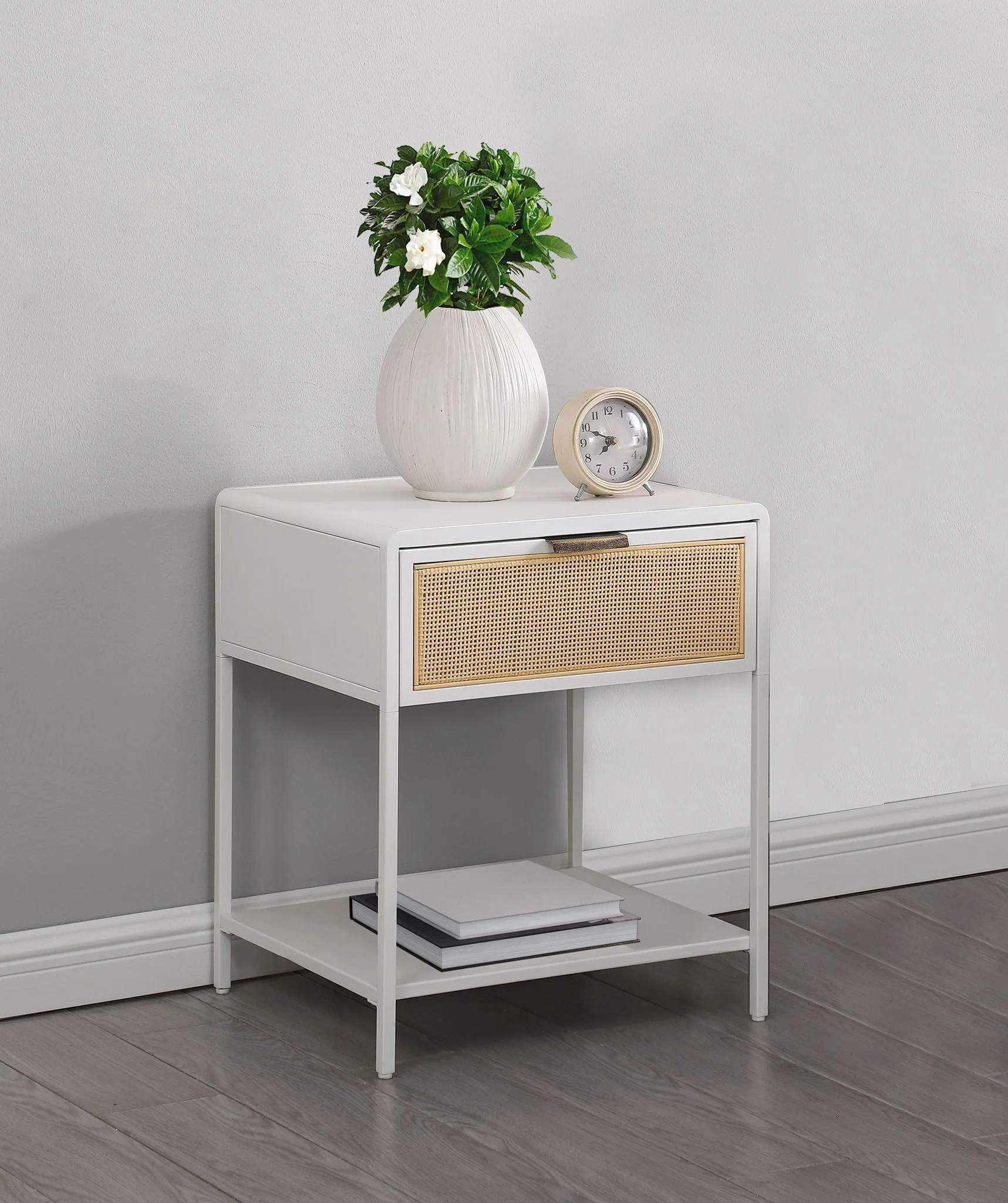 Amherst 1-drawer Radio Weave Cane Metal Bedside Table White - Image 3
