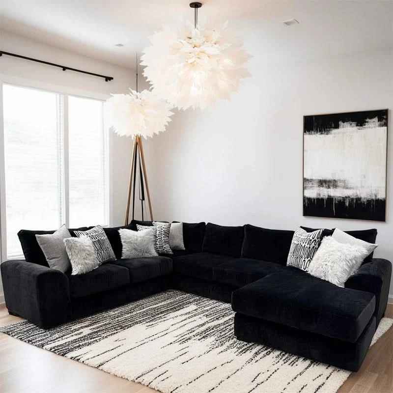 Aria Black Modern 3 PC Sectional with Chaise and Pillows