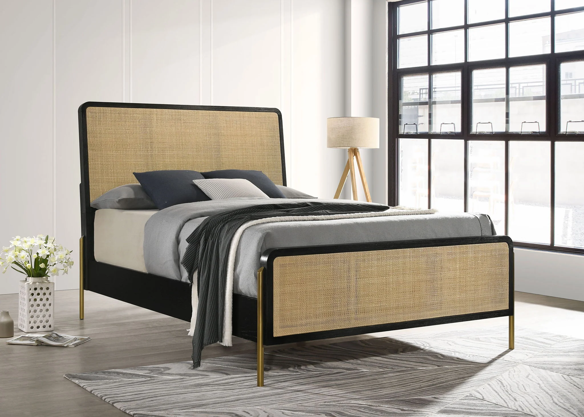 Arini Rattan Queen Panel Bed Black and Natural - Image 4
