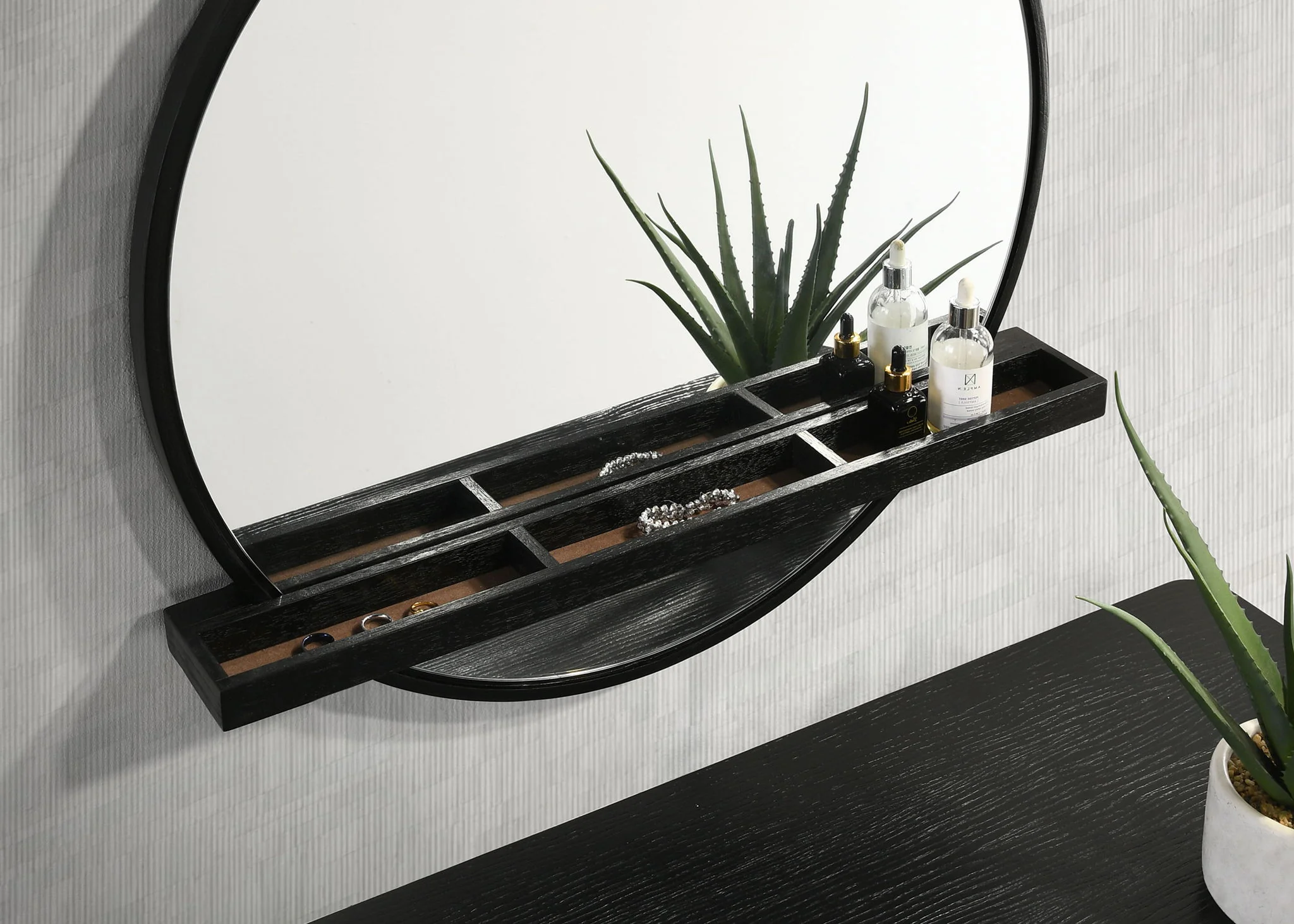 Arini Round Vanity Wall Mirror with Shelf Black - Image 2
