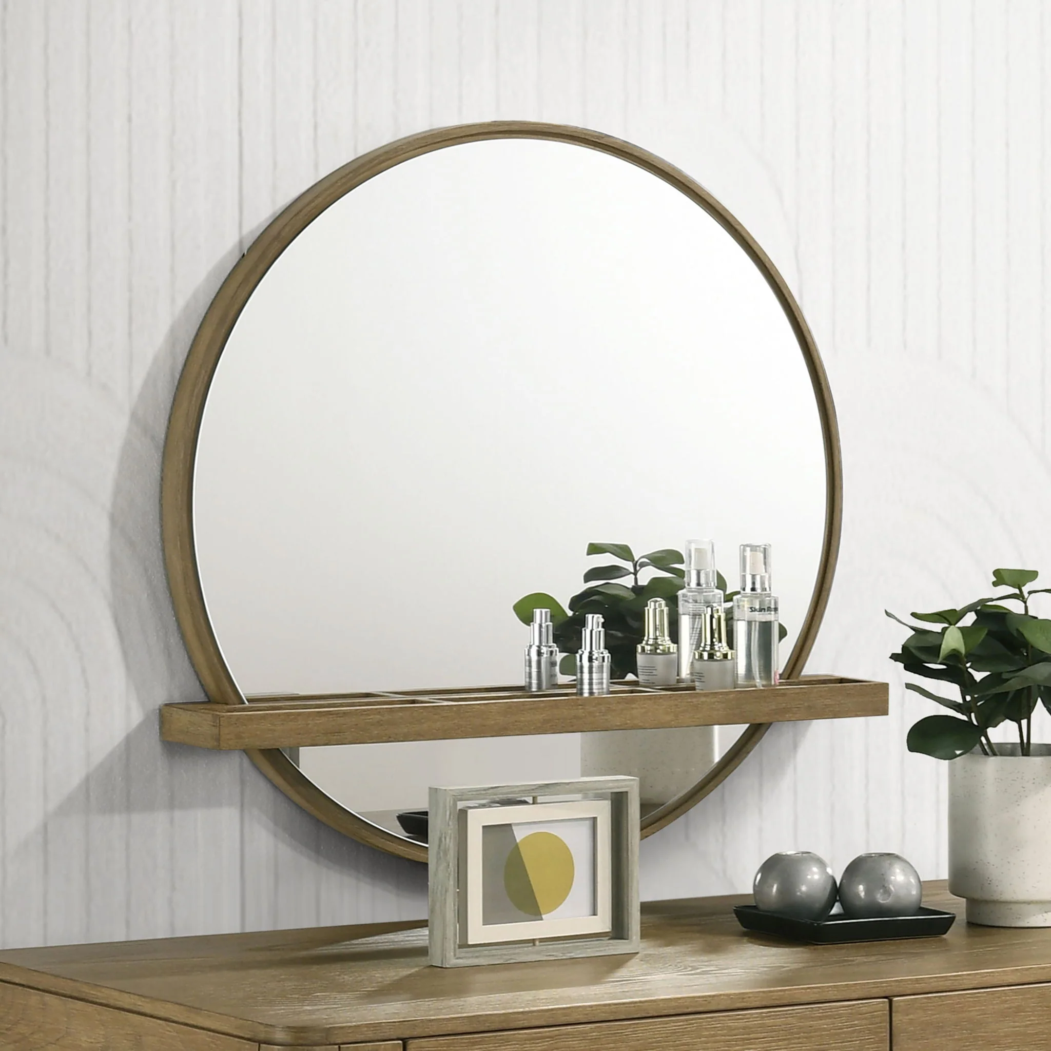 Arini Round Vanity Wall Mirror with Shelf Sand Wash - Image 2