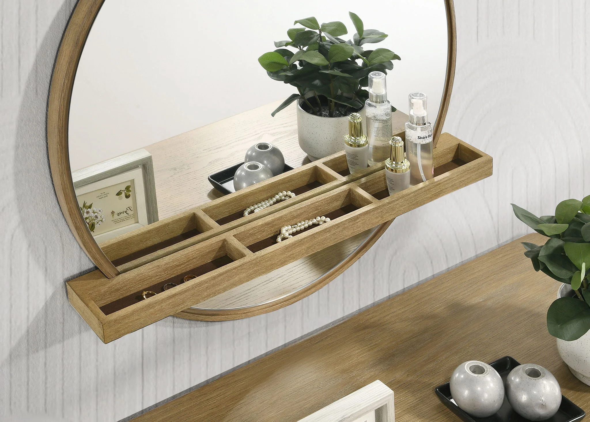 Arini Round Vanity Wall Mirror with Shelf Sand Wash - Image 3