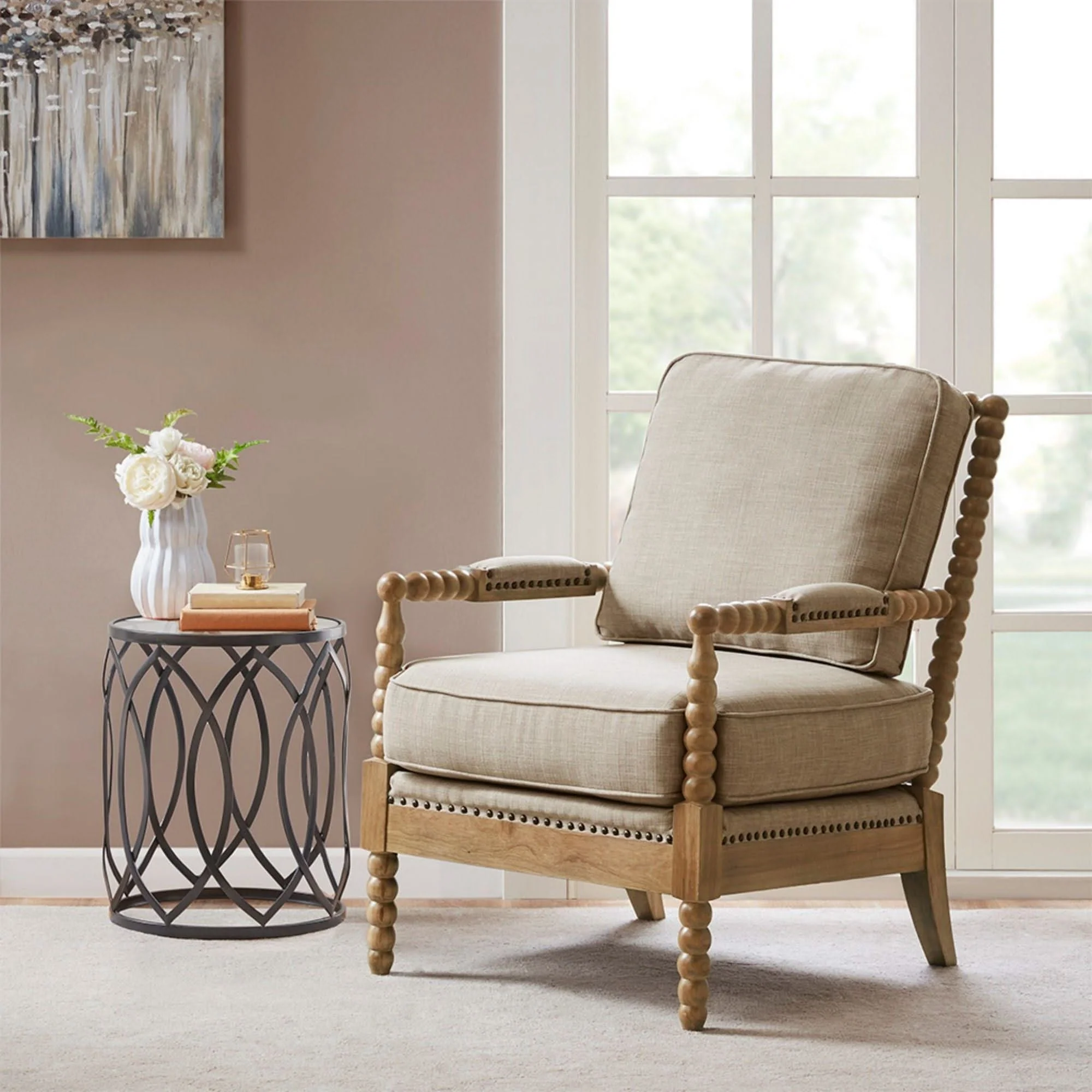 Arm Chair With Open Back Spindle Design, Padded Armrests - Image 7