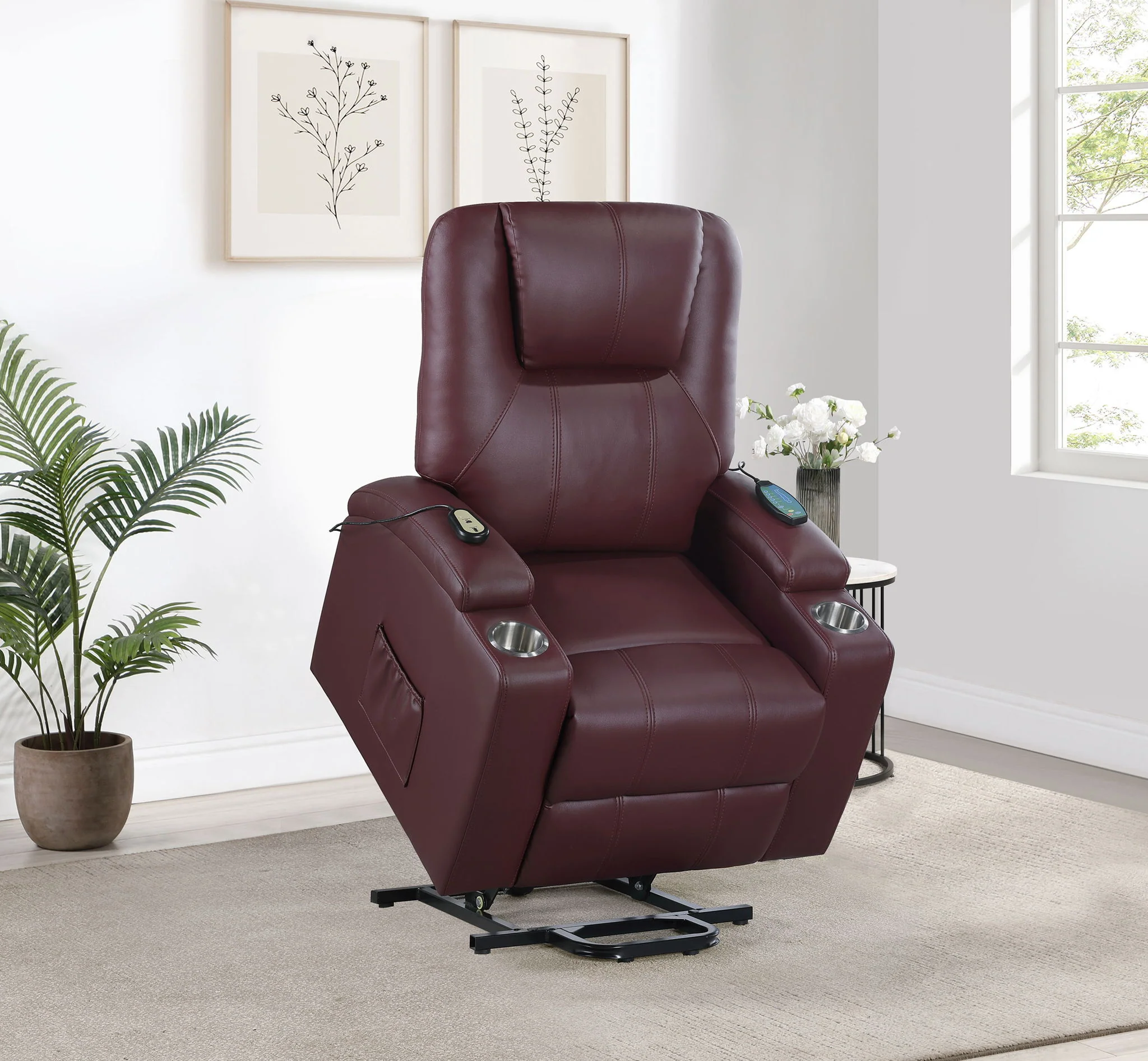 Armstrong Upholstered Power Lift Massage Recliner Wine - Image 2