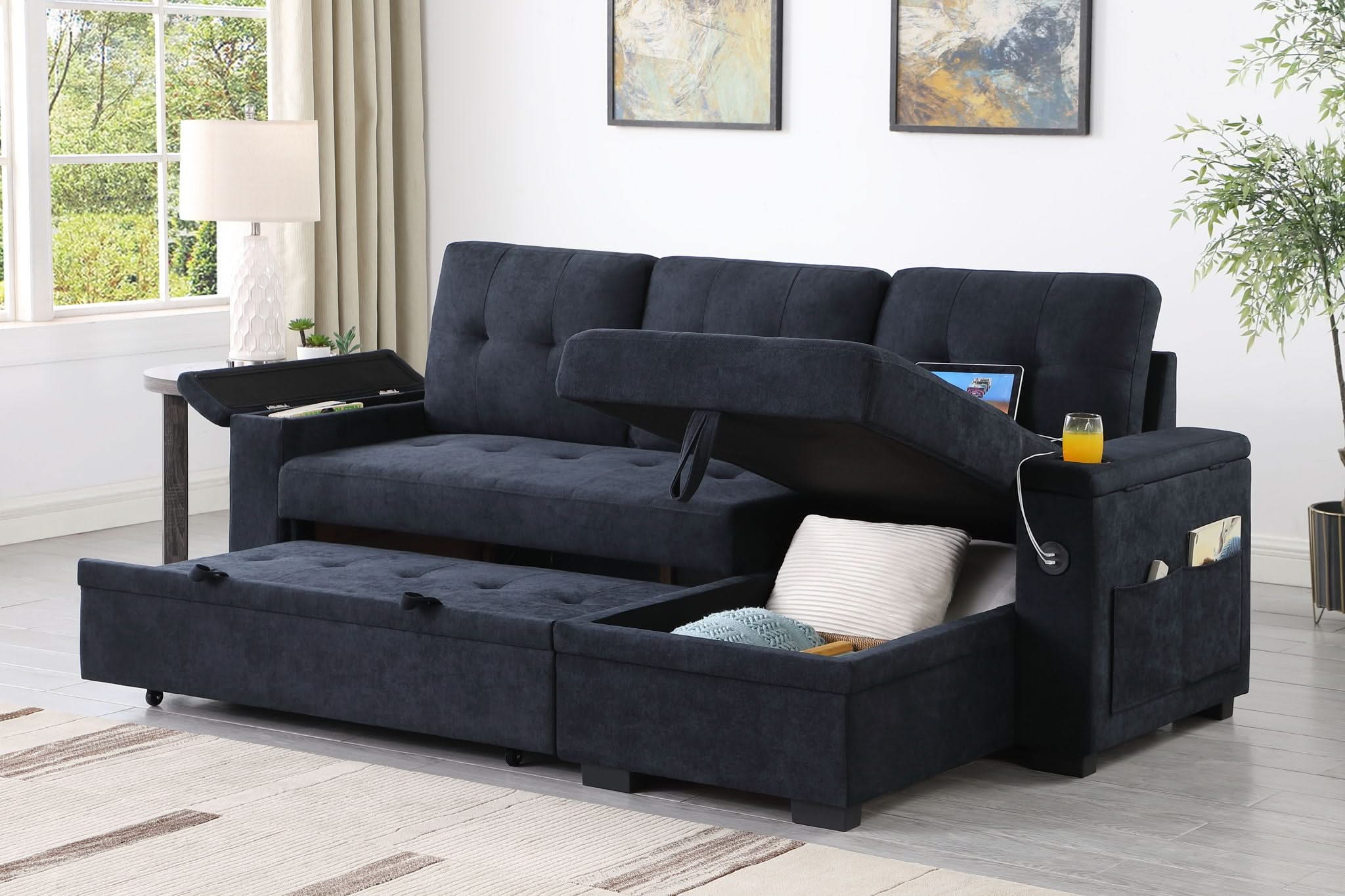 Ashlyn II - 84"W Woven Fabric Reversible Sleeper Sectional Sofa with Storage Chaise - Image 2