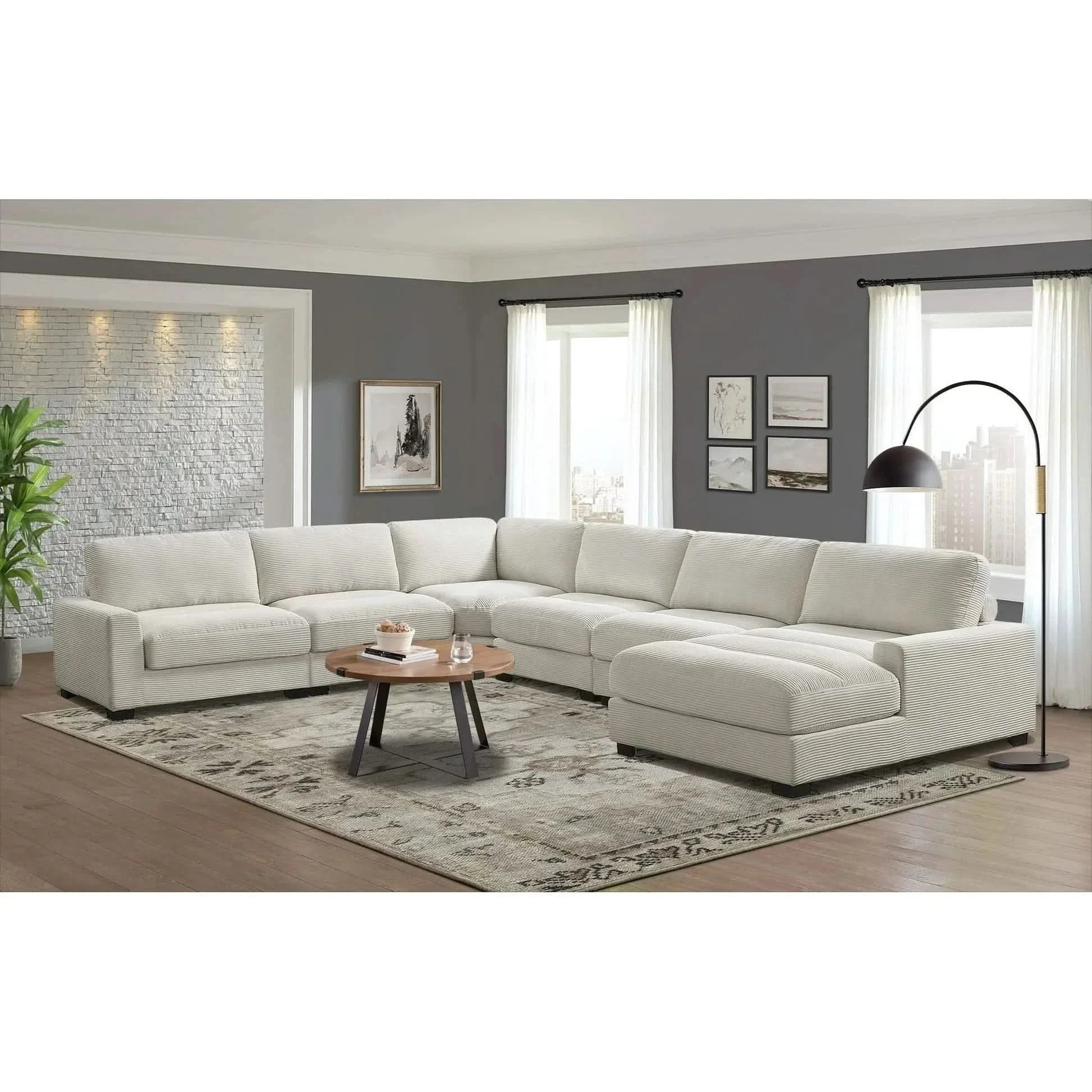 Aspen Stone Contemporary 6-Piece Corduroy Sectional with Chaise and Vertical Tufting - Image 2