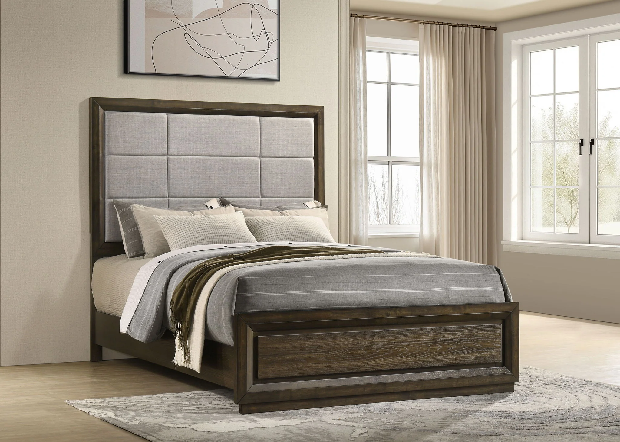 Atlas 63-inch Queen Upholstered Panel Bed Grey and Dark Oak - Image 3