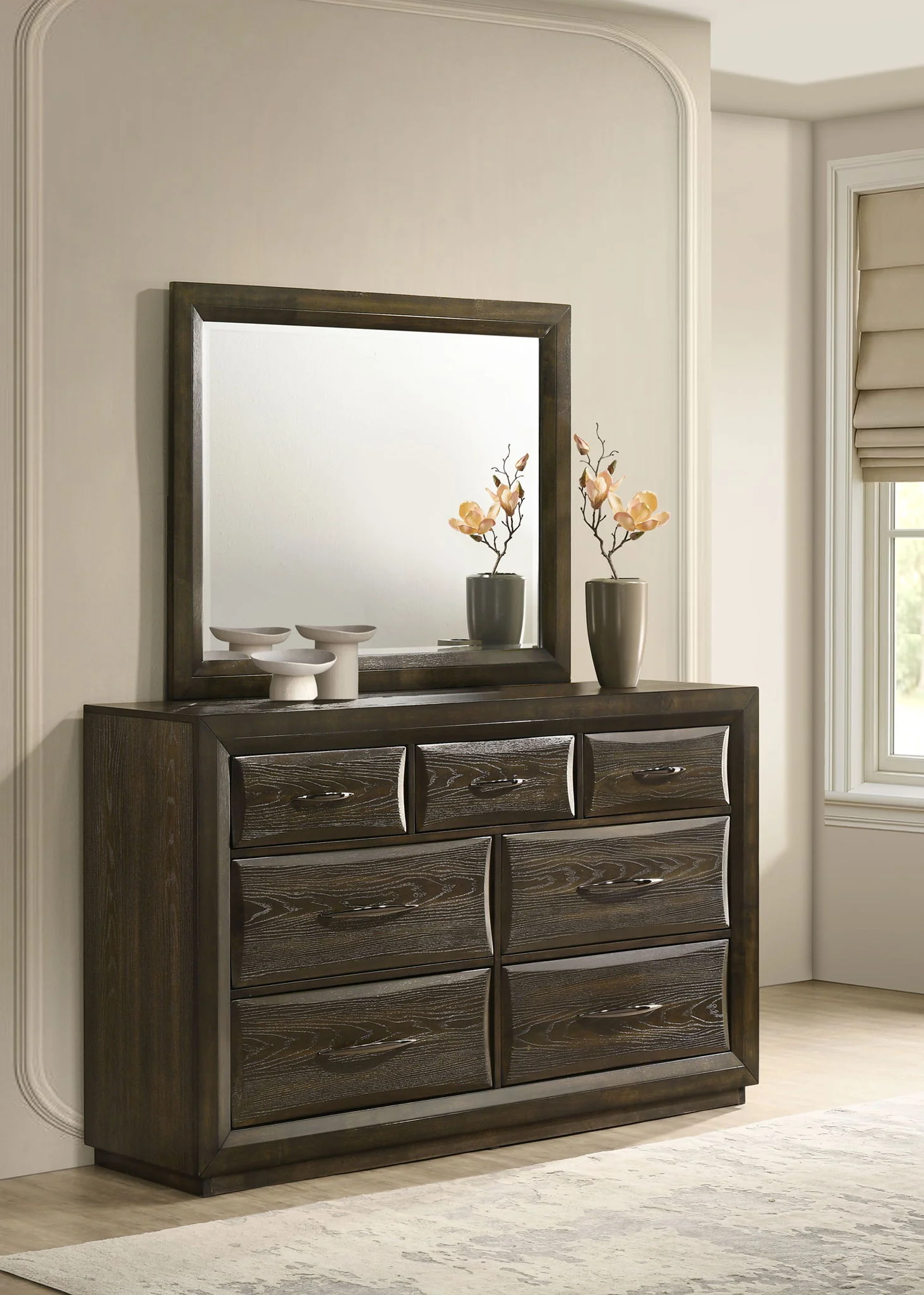 Atlas 7-drawer Bedroom Dresser and Mirror Set Dark Oak - Image 4