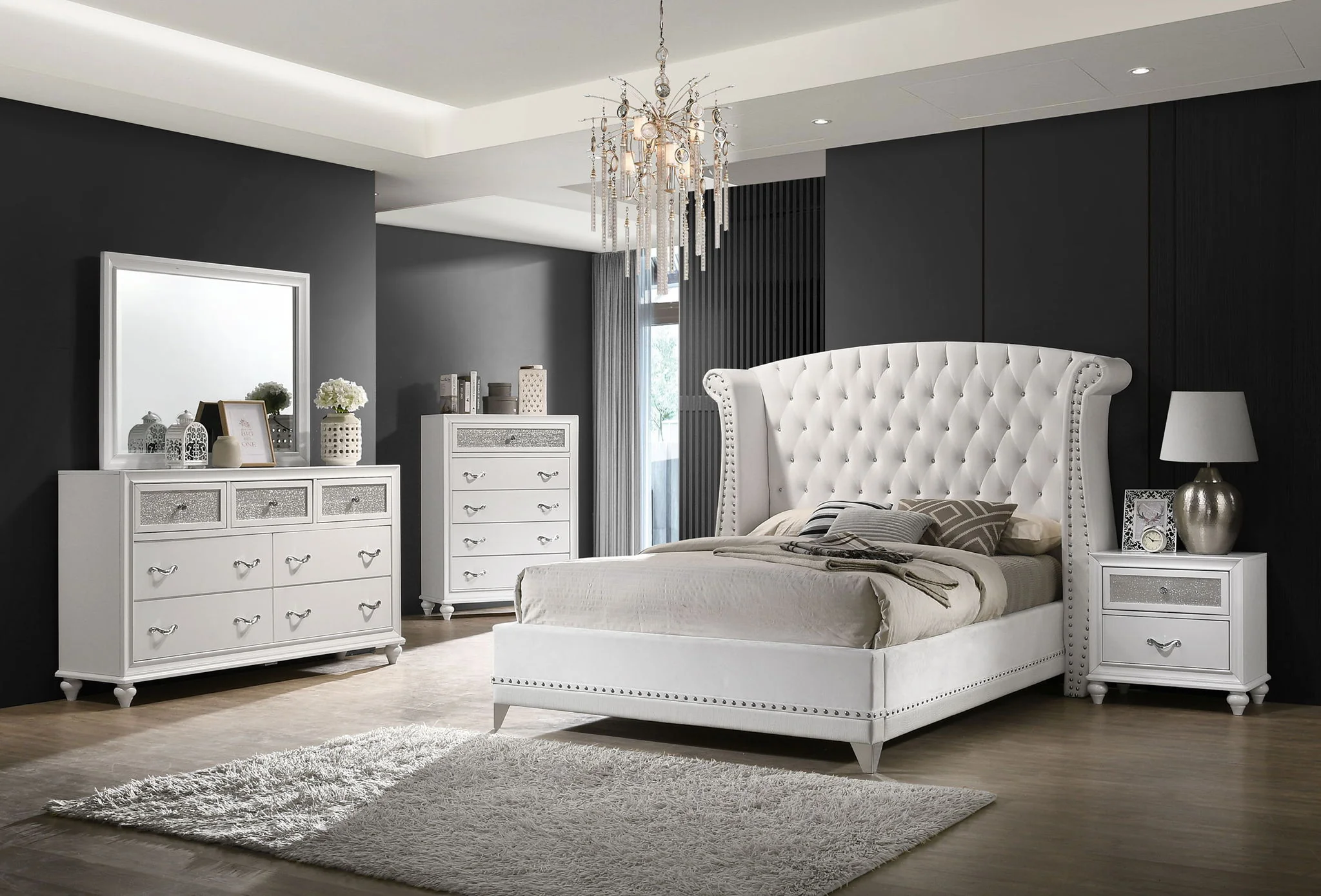 Barzini Upholstered Eastern King Wingback Bed White - Image 4