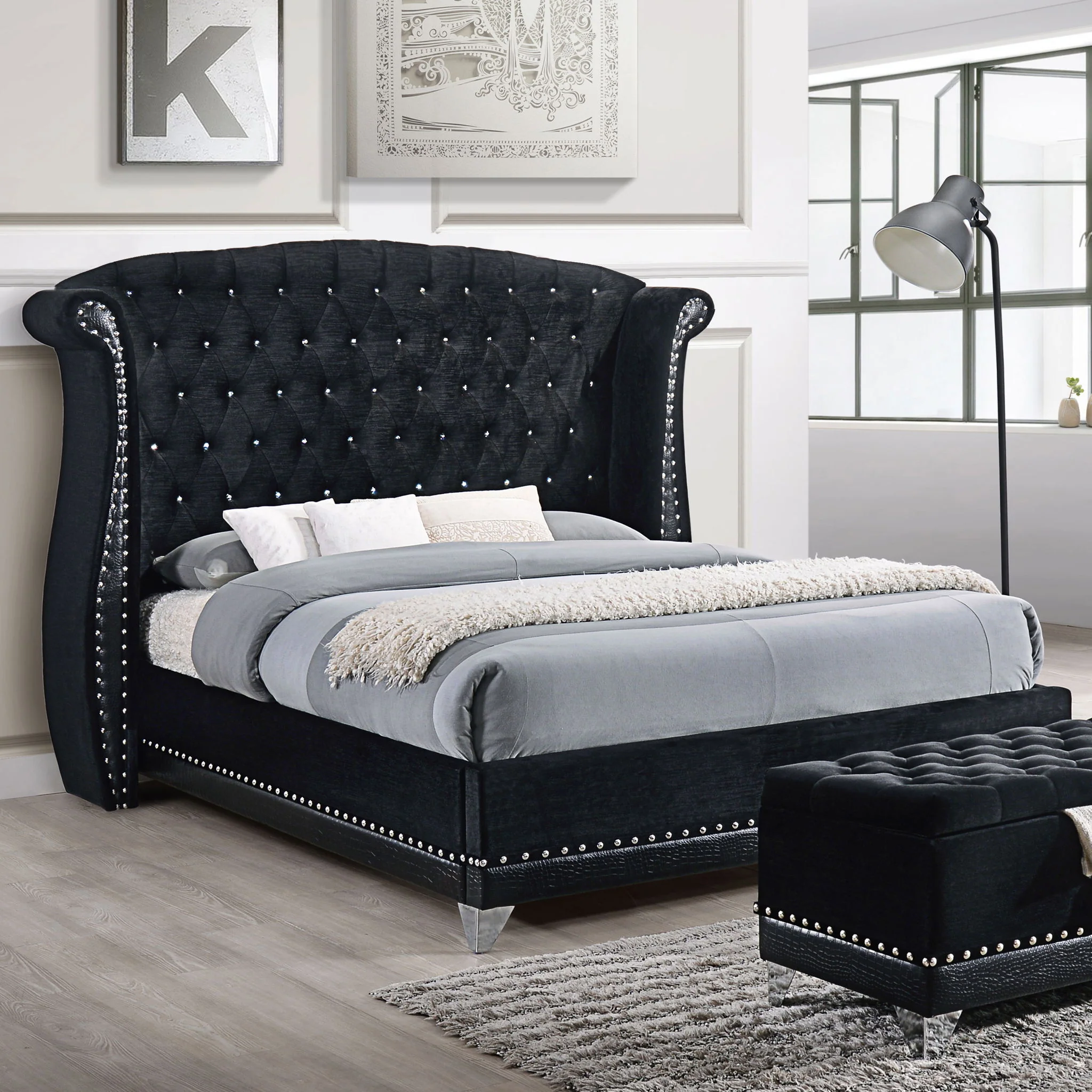 Barzini Upholstered Queen Wingback Bed Black - Image 4
