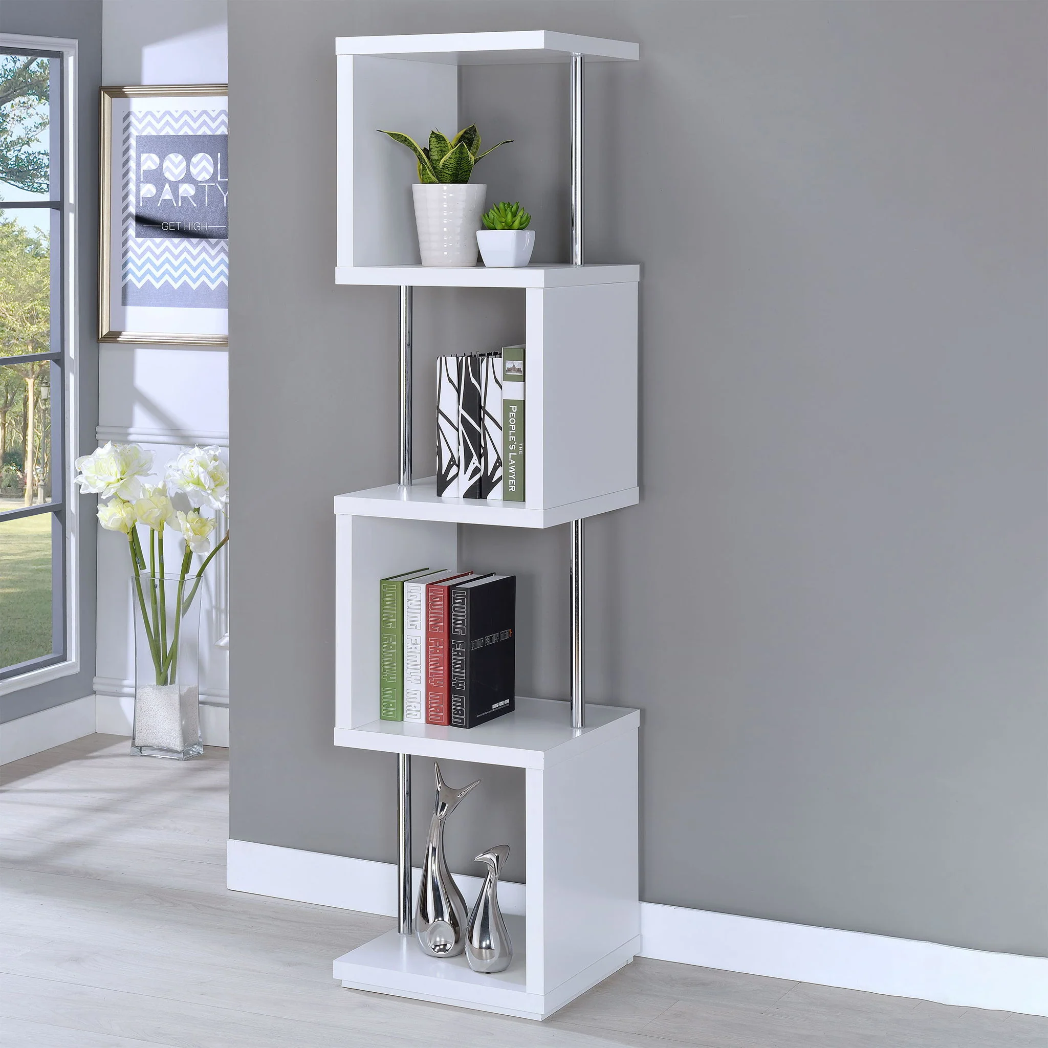 Baxter 67-inch 4-shelf Bookshelf White and Chrome - Image 3