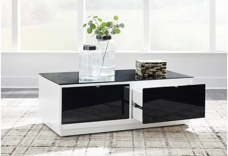 Belize Black & White Modern Glass Rectangular Coffee Table - Image 7