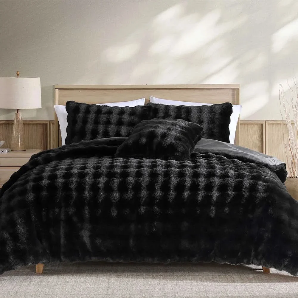 Bell Faux Black or Grey 4PC Comforter Set with Soft Plush Finish