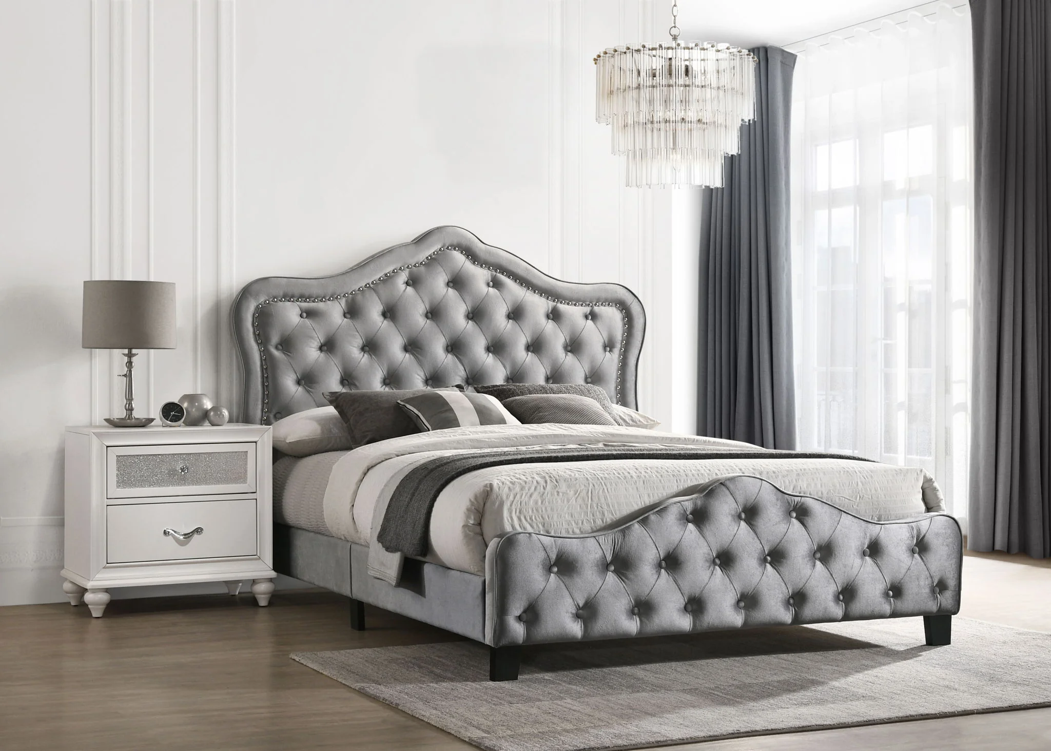 Bella Upholstered Eastern King Panel Bed Grey - Image 4