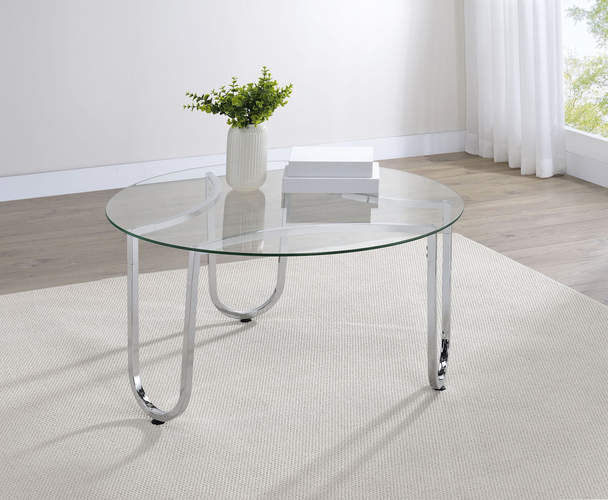 Beller Round Tempered Glass Top Cocktail Coffee Table Chrome - Image 4