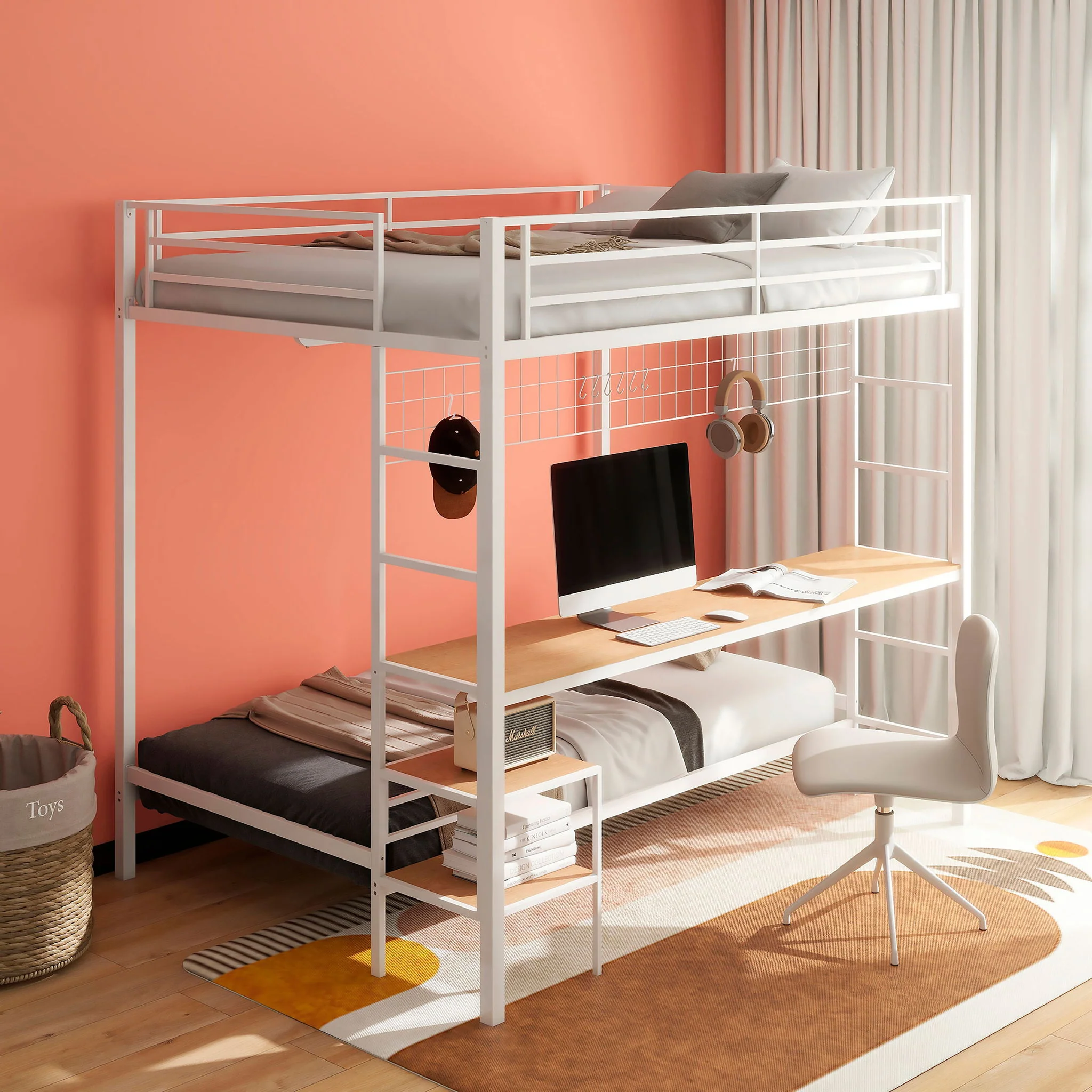 Bettoni Metal Full Over Twin Workstation Bunk Bed Matte White - Image 4