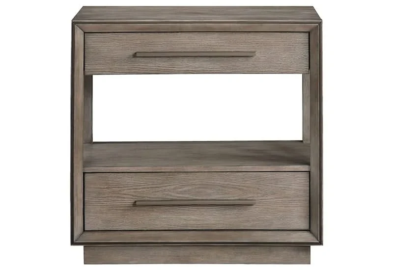Boulevard Taupe Oak 2 Drawer Nightstand with Open Shelf Storage - Image 5