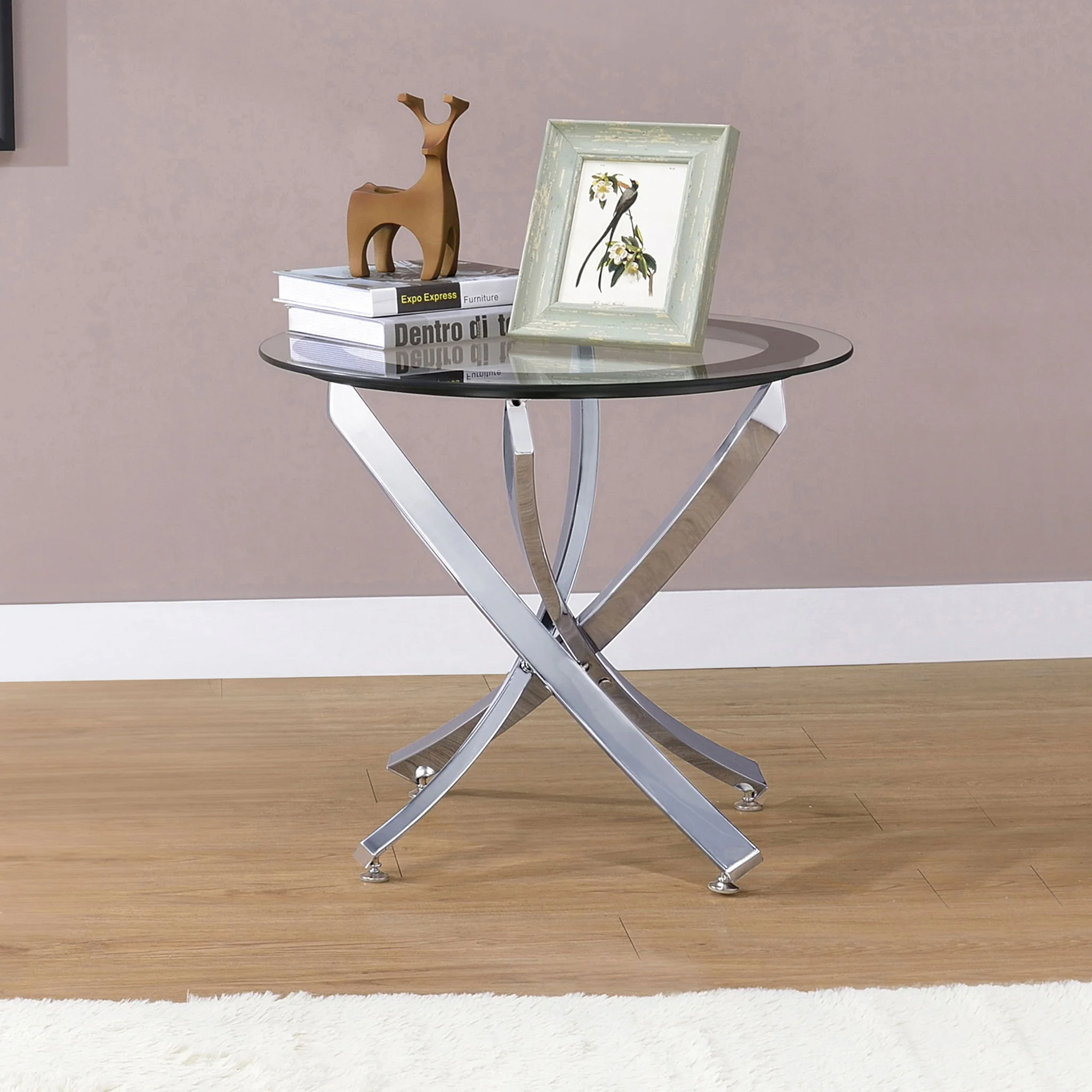Brooke Round Glass Top Side End Table Metal Base Chrome - Image 3