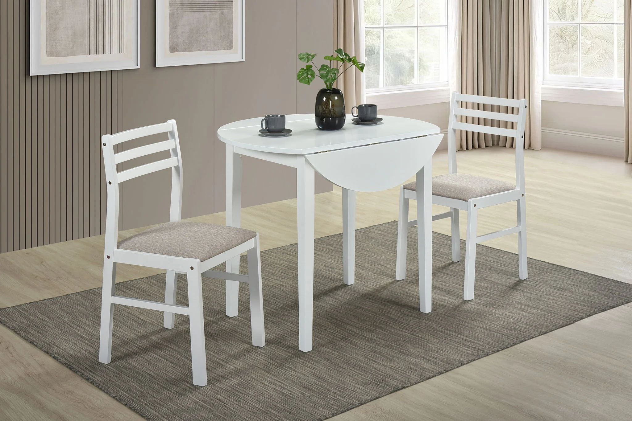 Bucknell 3-piece Round Drop Leaf Dining Table Set White - Image 3
