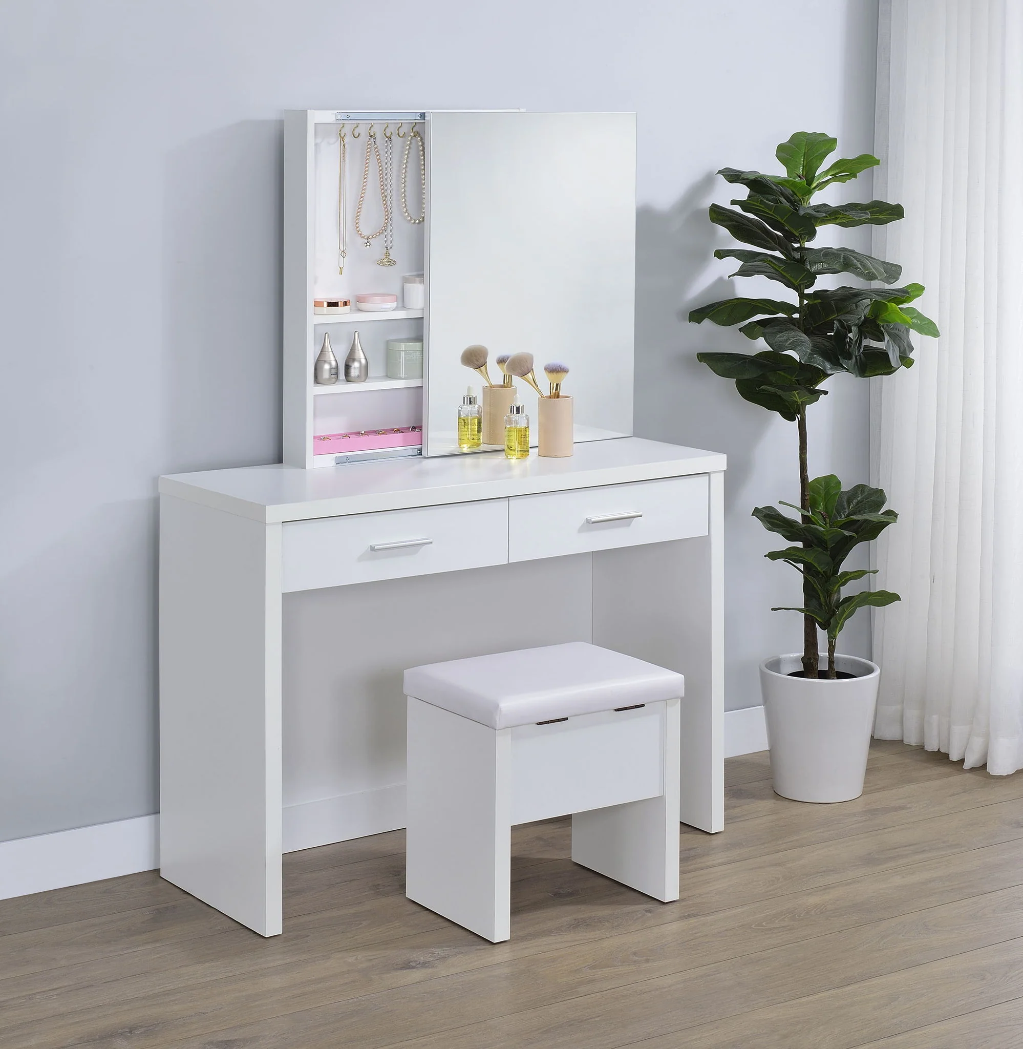 Bunbury Makeup Vanity Table Set Storage Mirror and Stool White - Image 2