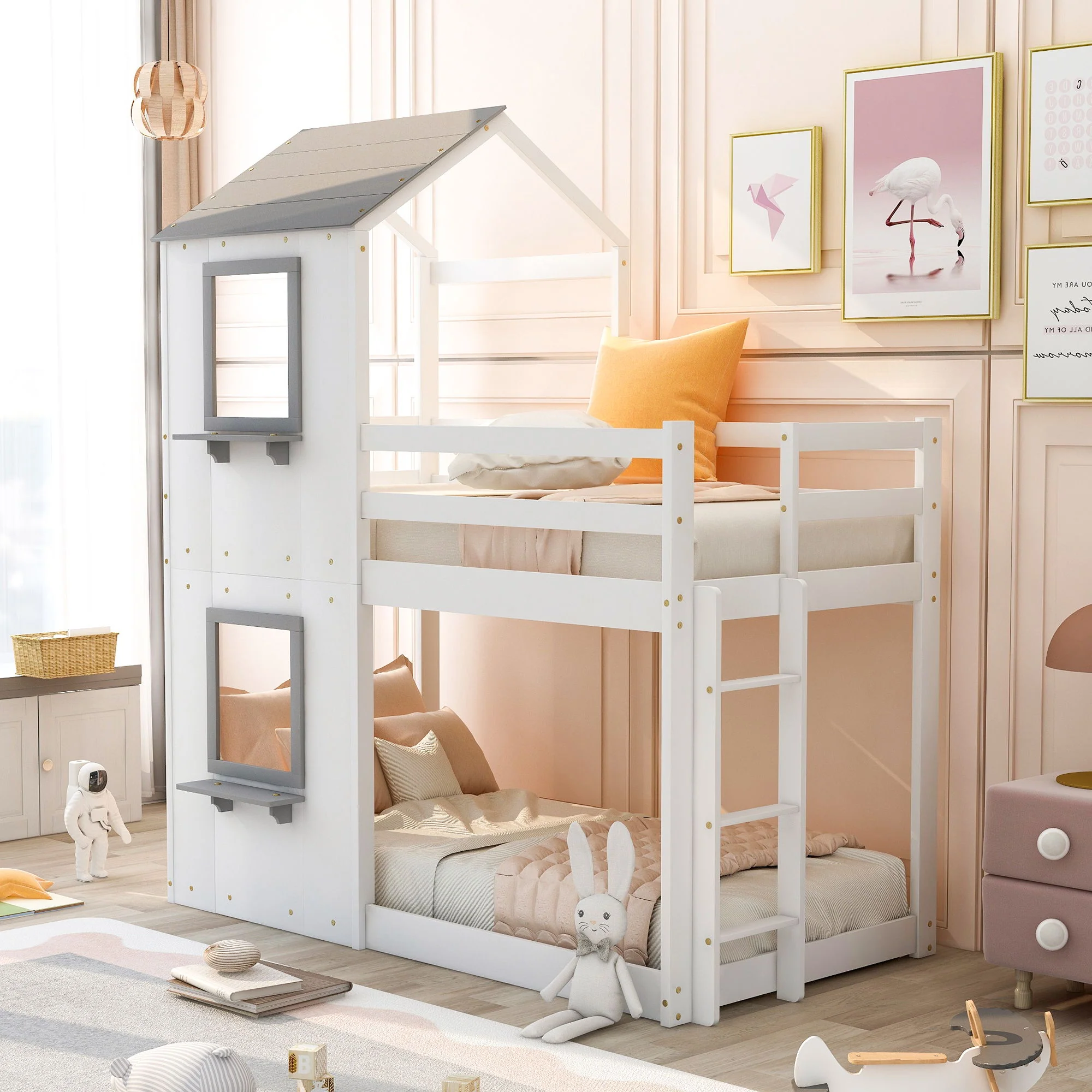 Bunk Bed Wood Bed & Roof, Window, Guardrail, Ladder - Image 2