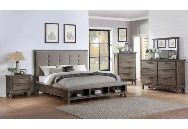 Cagney Gray Modern Rustic 5-Piece Bedroom Set with Storage Footboard and Upholstered Headboard (Queen/King)
