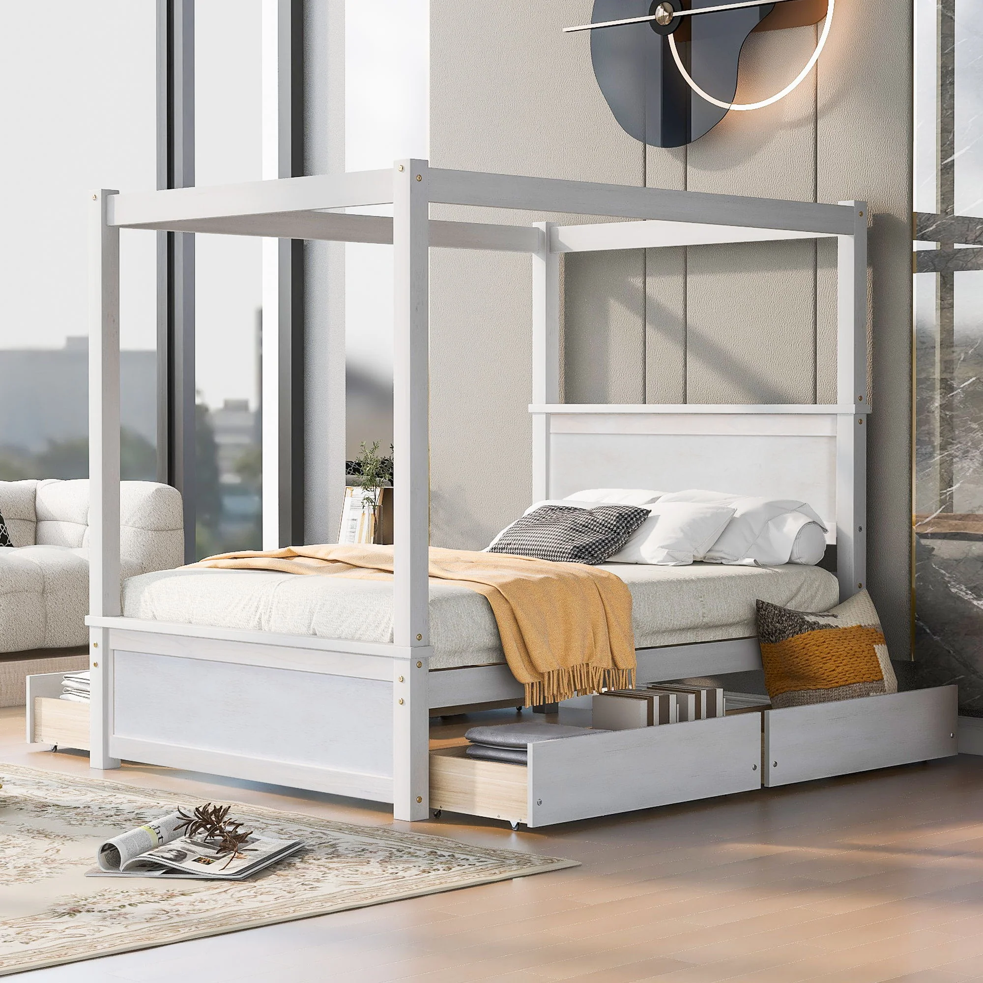 Canopy Platform Bed With Drawers, Support Slats, No Box Spring Needed - Image 9