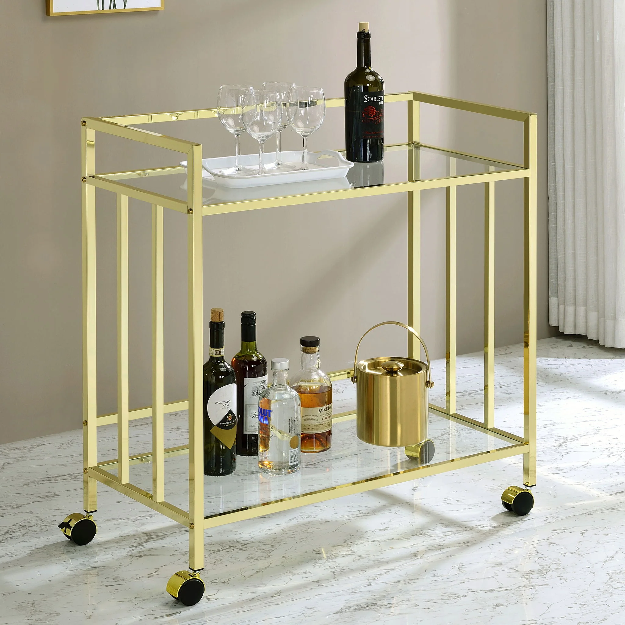 Cara 2-tier Rectangular Glass Shelf Metal Bar Cart Brass - Image 3
