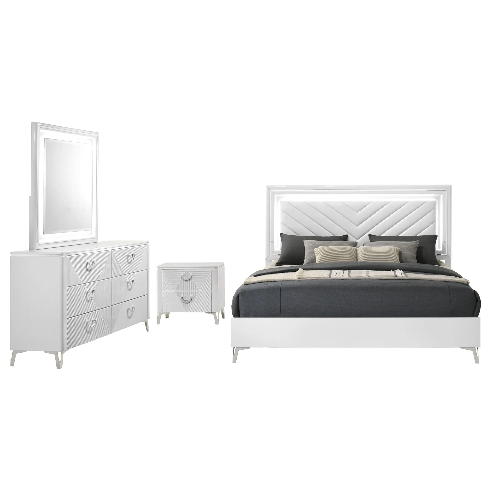 Cassia 4-piece Queen LED Bedroom Set White High Gloss - Image 2