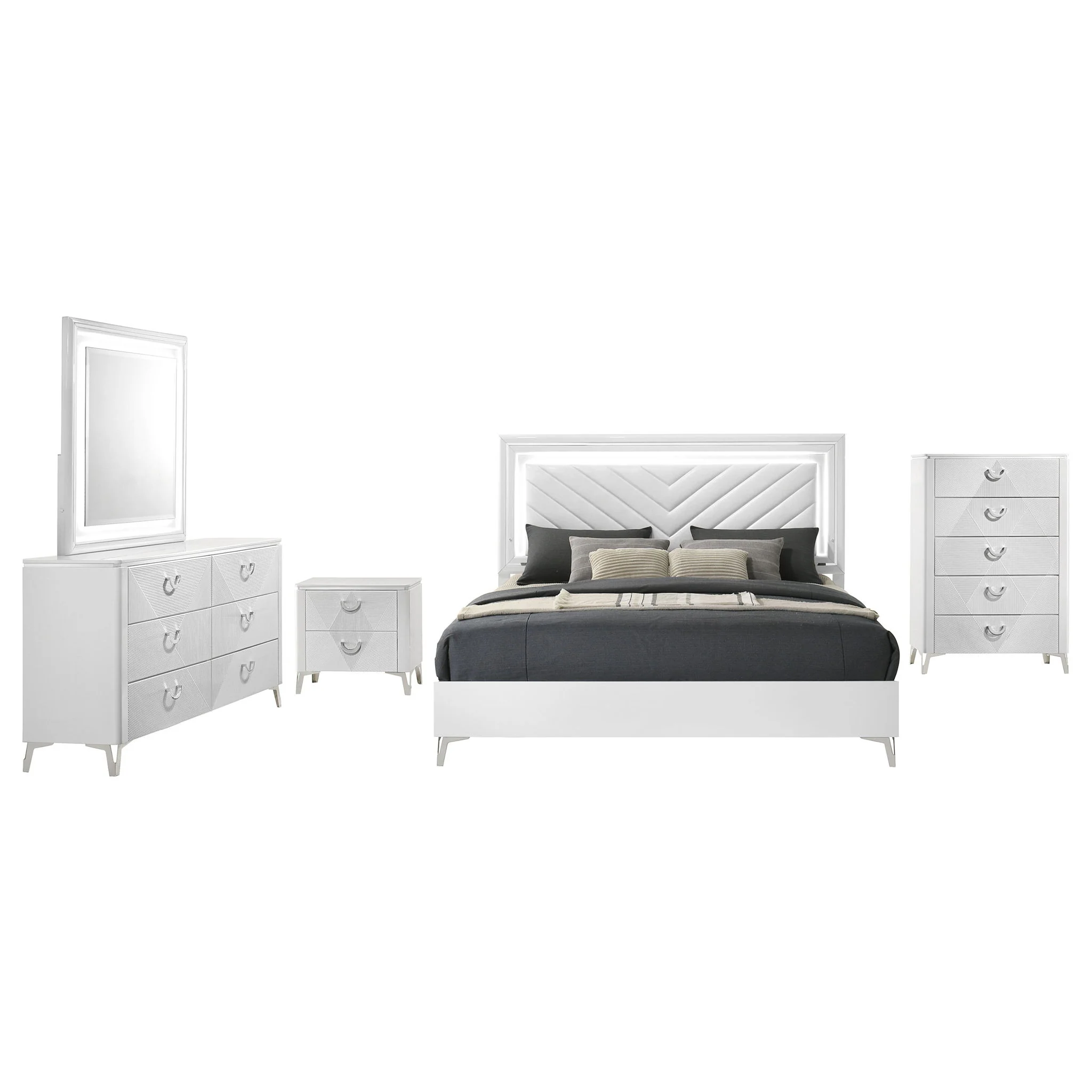 Cassia 5-piece Queen LED Bedroom Set White High Gloss - Image 2