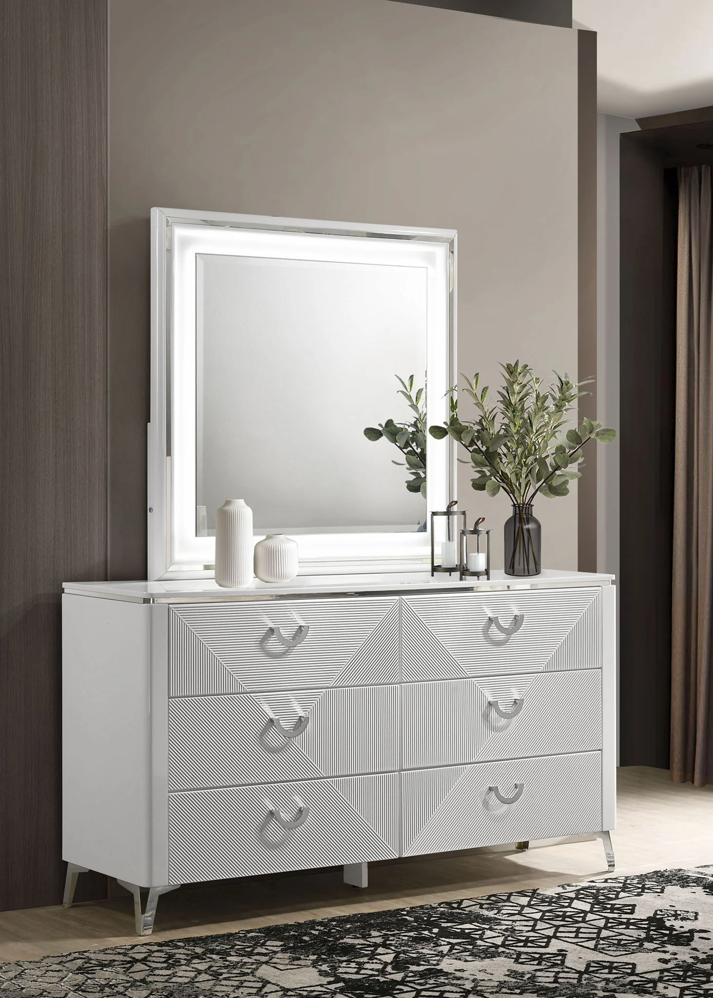 Cassia 6-drawer Dresser Cabinet with Mirror White High Gloss - Image 3